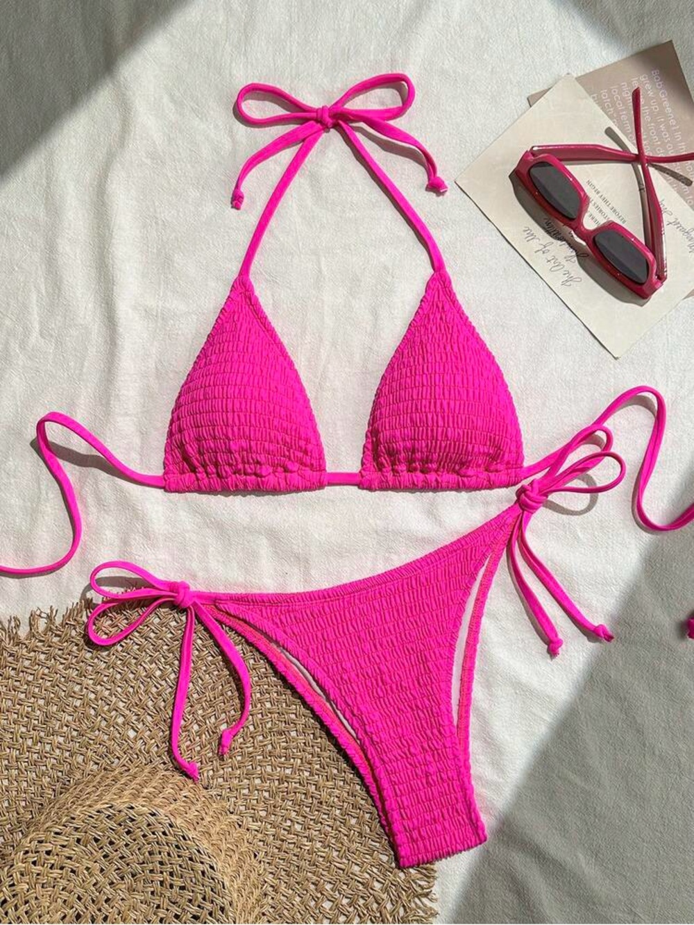 Hot Pink Smocked Triangle Tie Bikini Set TOP: LARGE bottom: SMALL